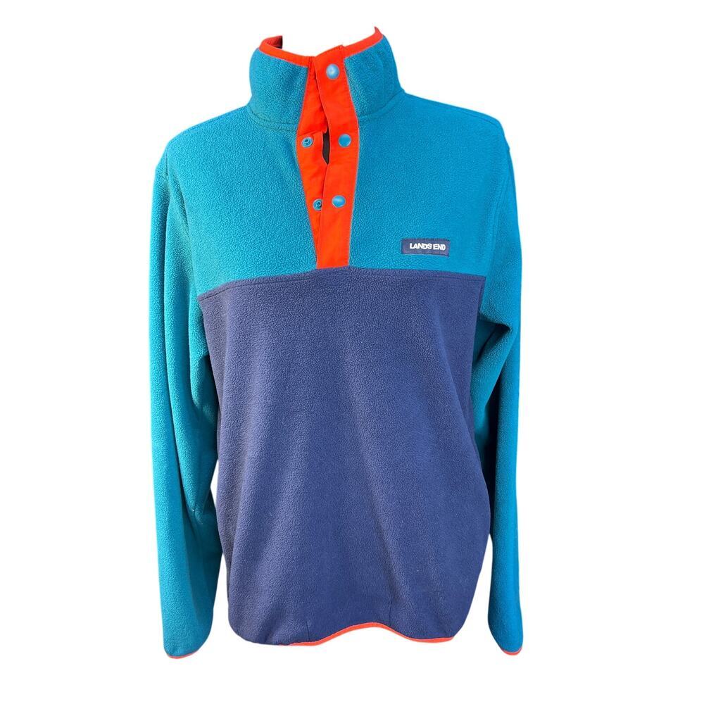 Lands End Colorblock Fleece Pullover Men S Snap Neck Blue Teal Orange Jacket
